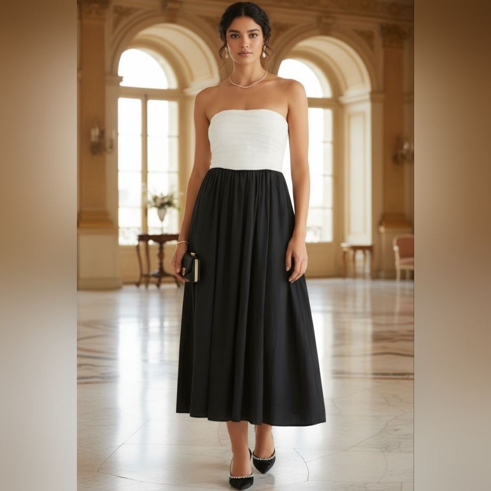 H&M Strapless Two-Tone Black and White Midi Dress